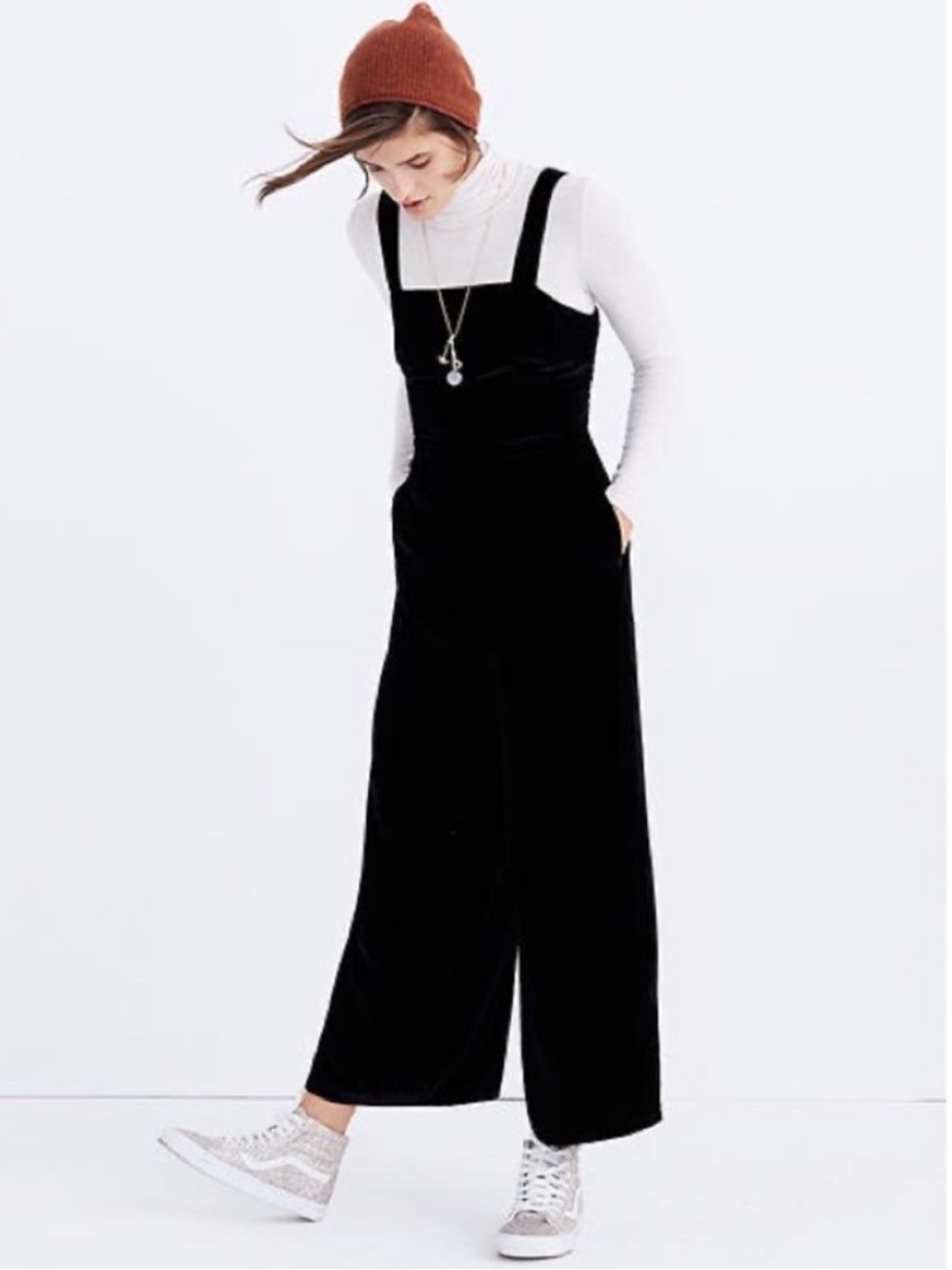 Madewell Black crushed Velvet Wide-Leg Romper Jumpsuit